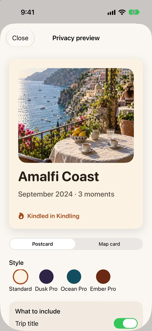 Kindling's privacy preview for an Amalfi Coast postcard, with style choices and switches for what to include