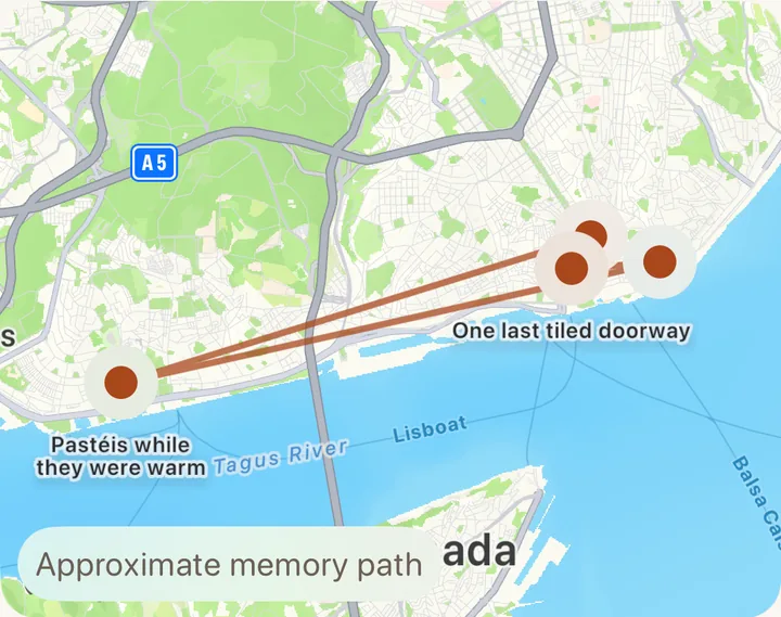 A memory map of Lisbon with pins for each moment and an approximate path between them